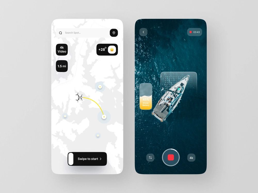 The drone industry allows creating drone apps with computer vision and in-built recording technology using mobile SDK or API (*image by [Listya Dwi Ariadi](https://dribbble.com/ListyaDwiAriadi){ rel="nofollow" target="_blank" .default-md}*)