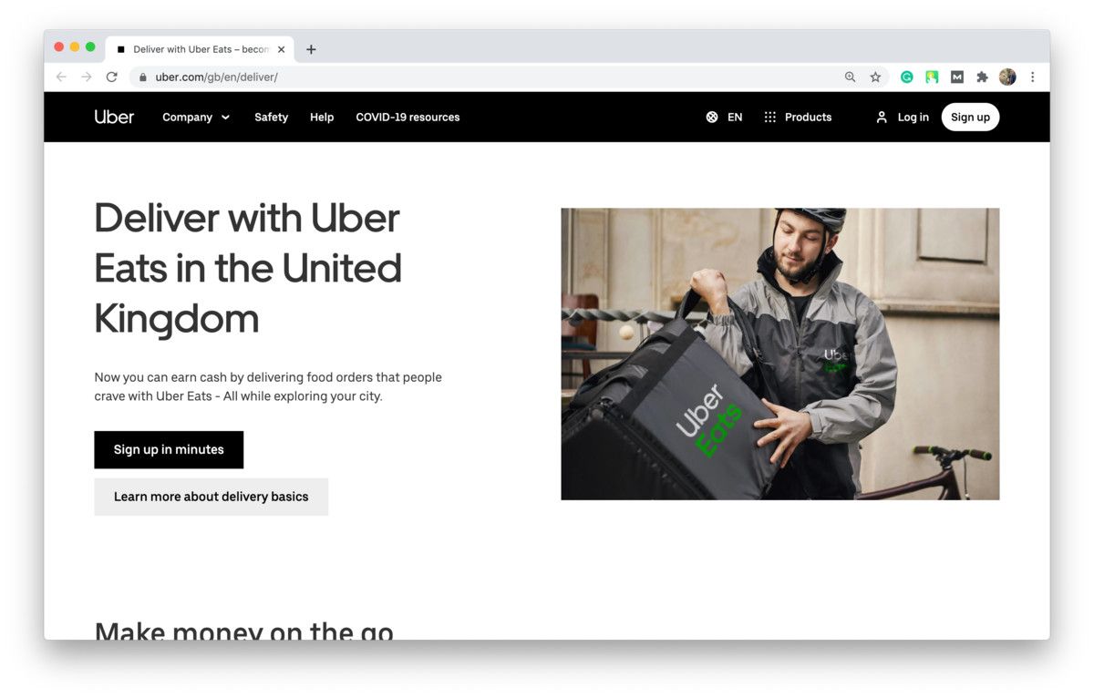 UberEats Sign In the process if you’d like to be a courier (*shots from [Uber](https://www.uber.com/gb/en/deliver/){ rel="nofollow" target="_blank" .default-md}*)