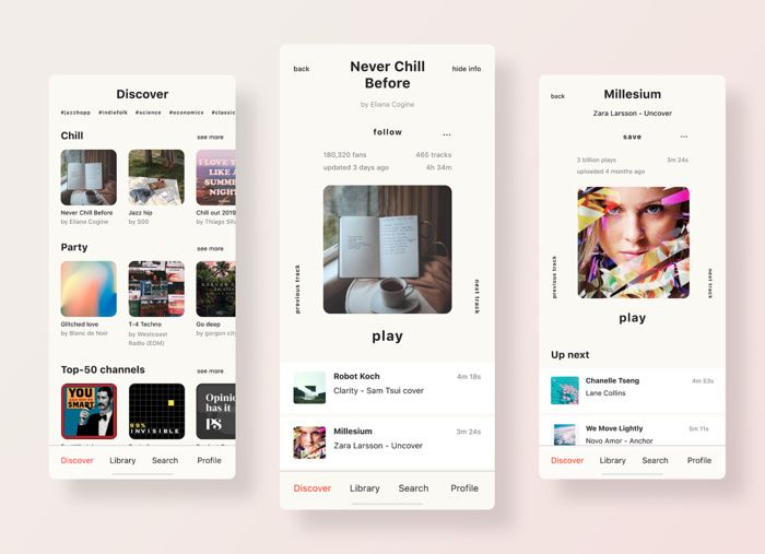 Music Discovery is one of the main screens in the app (*image by [Tasha](https://dribbble.com/tashabp){ rel="nofollow" .default-md}*)