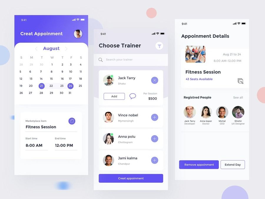 Booking system in a fitness application (*image by [Shahidul Islam Shishir ✪](https://dribbble.com/Dew_Drops){ rel="nofollow" .default-md}*)