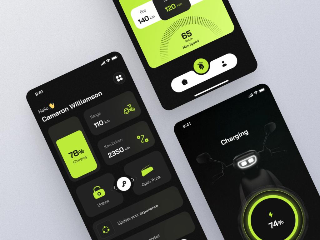 An example of the e-scooter companion app with main functionality