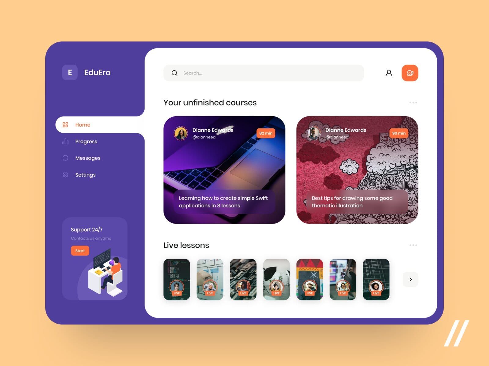 You can build e-Learning platforms for any purpose: whether it’s a live online lesson, pre-recorded online course or a management platform for offline learning experience (*image by [Purrweb UX](https://dribbble.com/purrwebux){ rel="nofollow" .default-md}*)