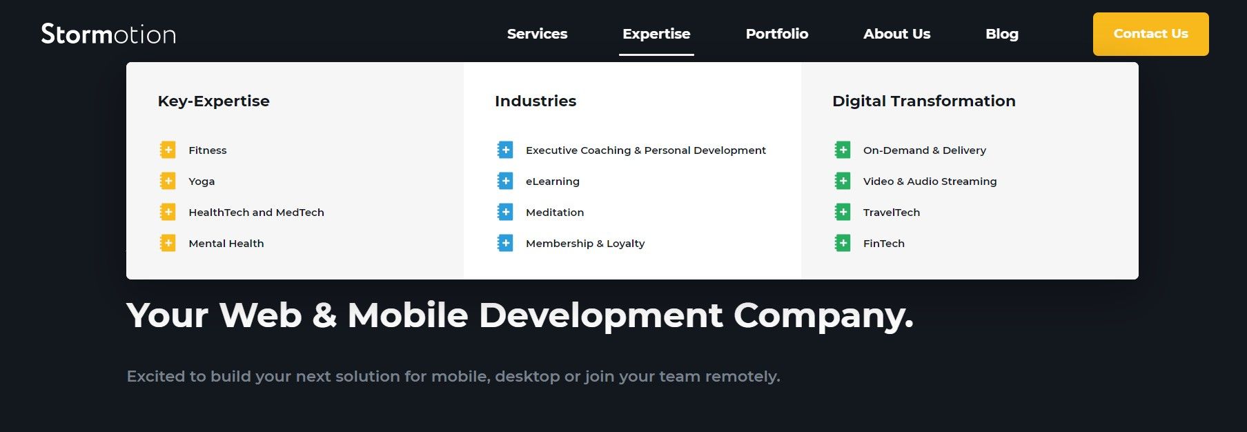 If you decide to outsource app development, you get access to outsourcing companies with a more extensive expertise, compared to in-house software development teams (*shots from [Stormotion](https://landing.stormotion.io/){ rel="nofollow" target="_blank" .default-md}*)