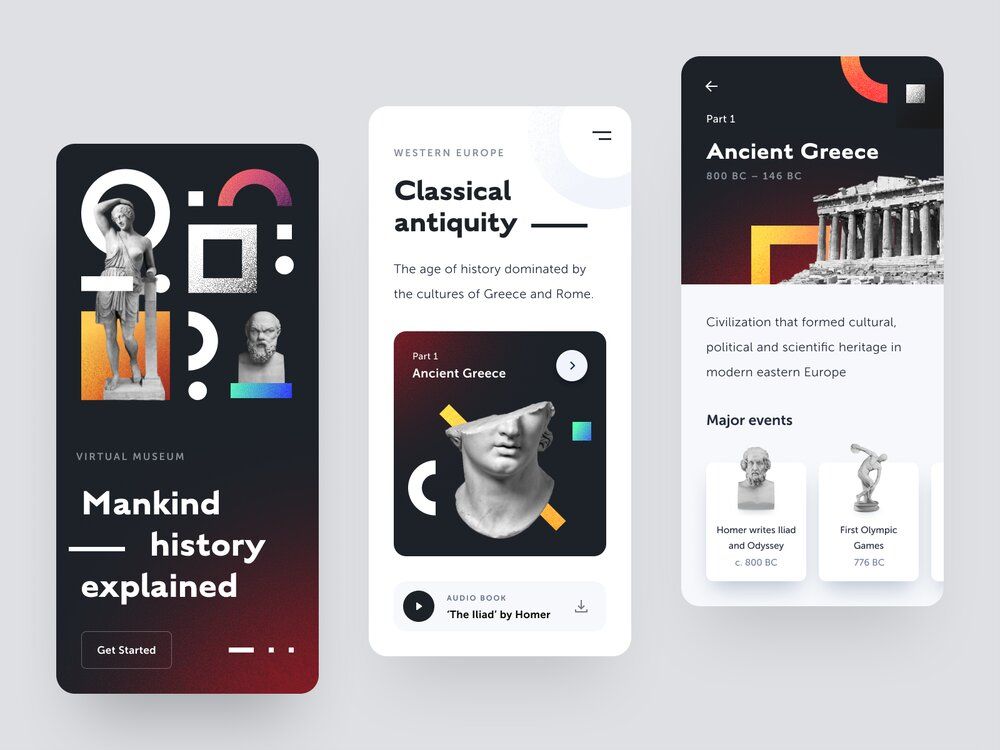 To create a museum app, don’t forget to interact with social media for affordable &amp; efficient marketing (*image by [Halo Mobile](https://dribbble.com/vboyev){ rel="nofollow" target="_blank" .default-md}*)