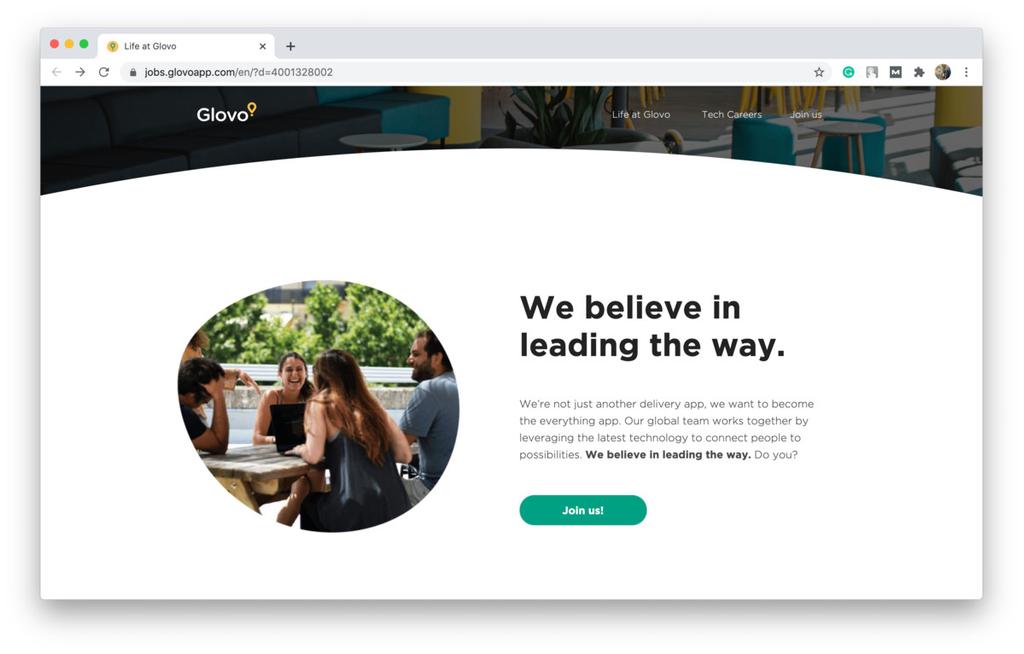Glovo’s “Join us” page for potential couriers and other workers (*shots from [Glovo](https://jobs.glovoapp.com/en/){ rel="nofollow" target="_blank" .default-md}*)