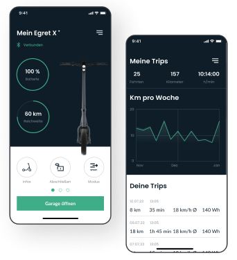 Screenshots of the Egret e-scooter companion app