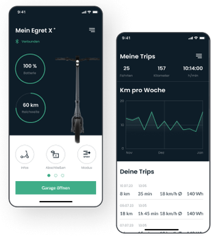 Screenshots of the Egret e-scooter companion app