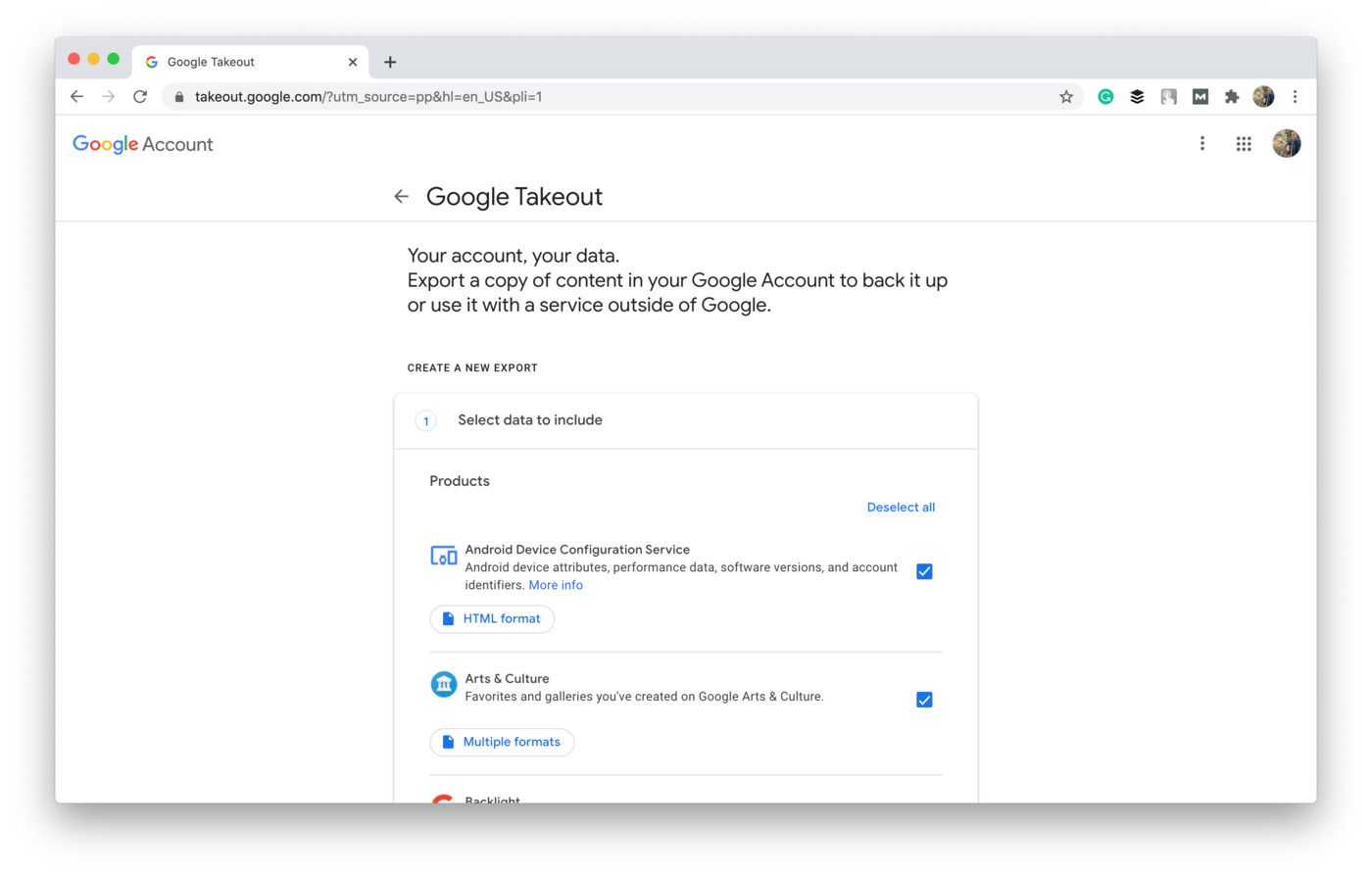 Shot from the Google Takeout website
