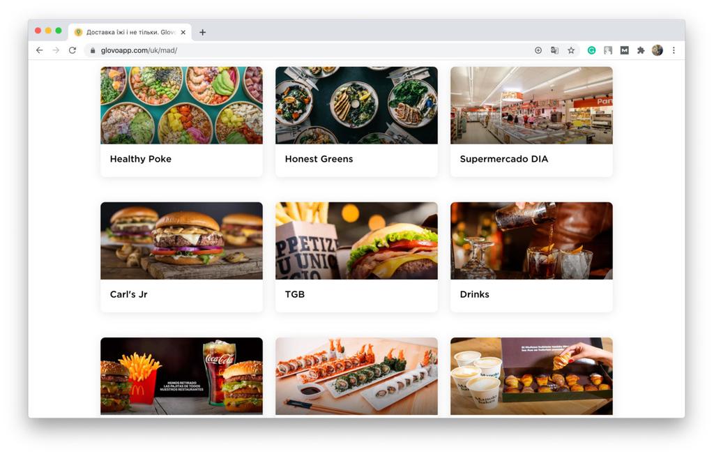 Restaurants in Madrid on a Glovo’s Home Screen 
