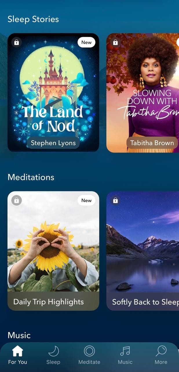 Meditation practice options in an app can include guided meditations based on mood control, focus, health and wellness habit tracking, sleep improvement, and other courses 