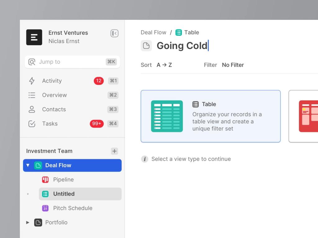 Table feature in the CRM to structure the workflow