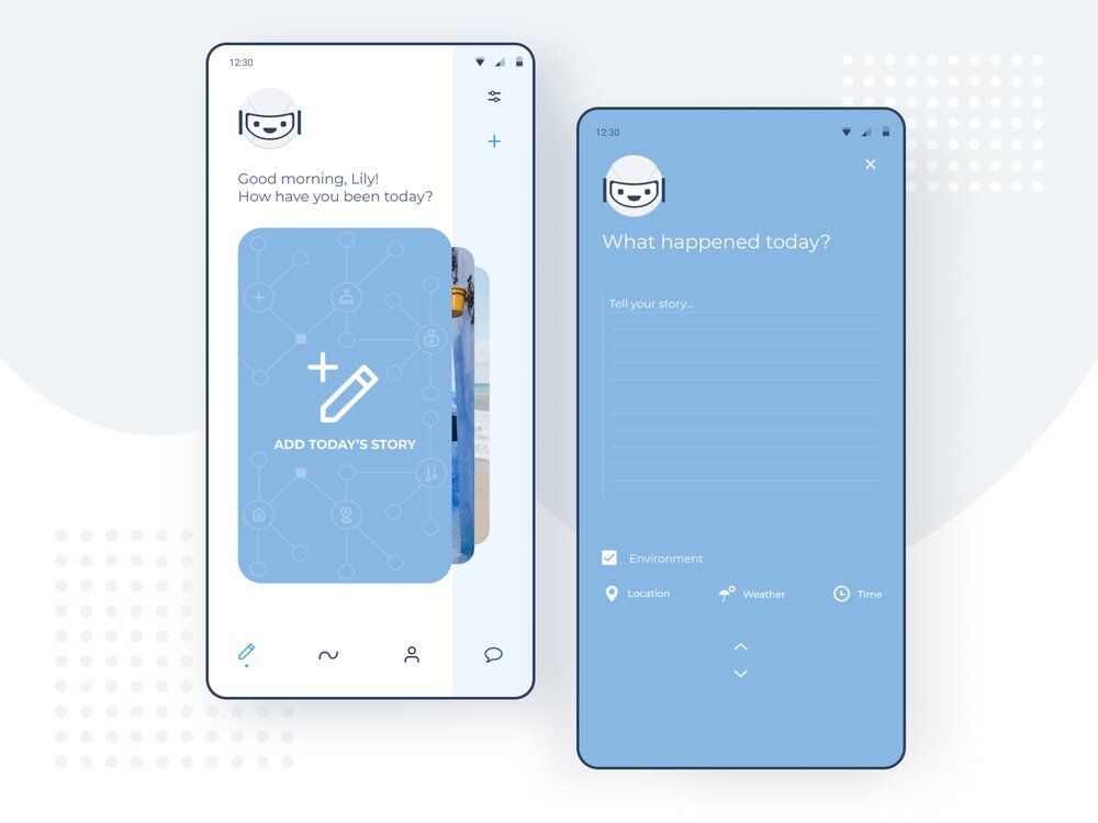 A mental health app for mental health issues like obsessive compulsive disorder or post traumatic stress disorder should have journaling feature (*image by [Svitlana Bilan](https://dribbble.com/svitlana_bilan){ rel="nofollow" target="_blank" .default-md}*)