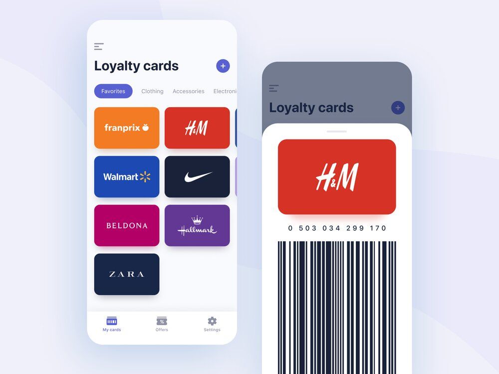 To boost customer loyalty, you can offer users digital loyalty cards *image by [Fёdor Drobov](https://dribbble.com/Drobov){ rel="nofollow" target="_blank" .default-md}*)