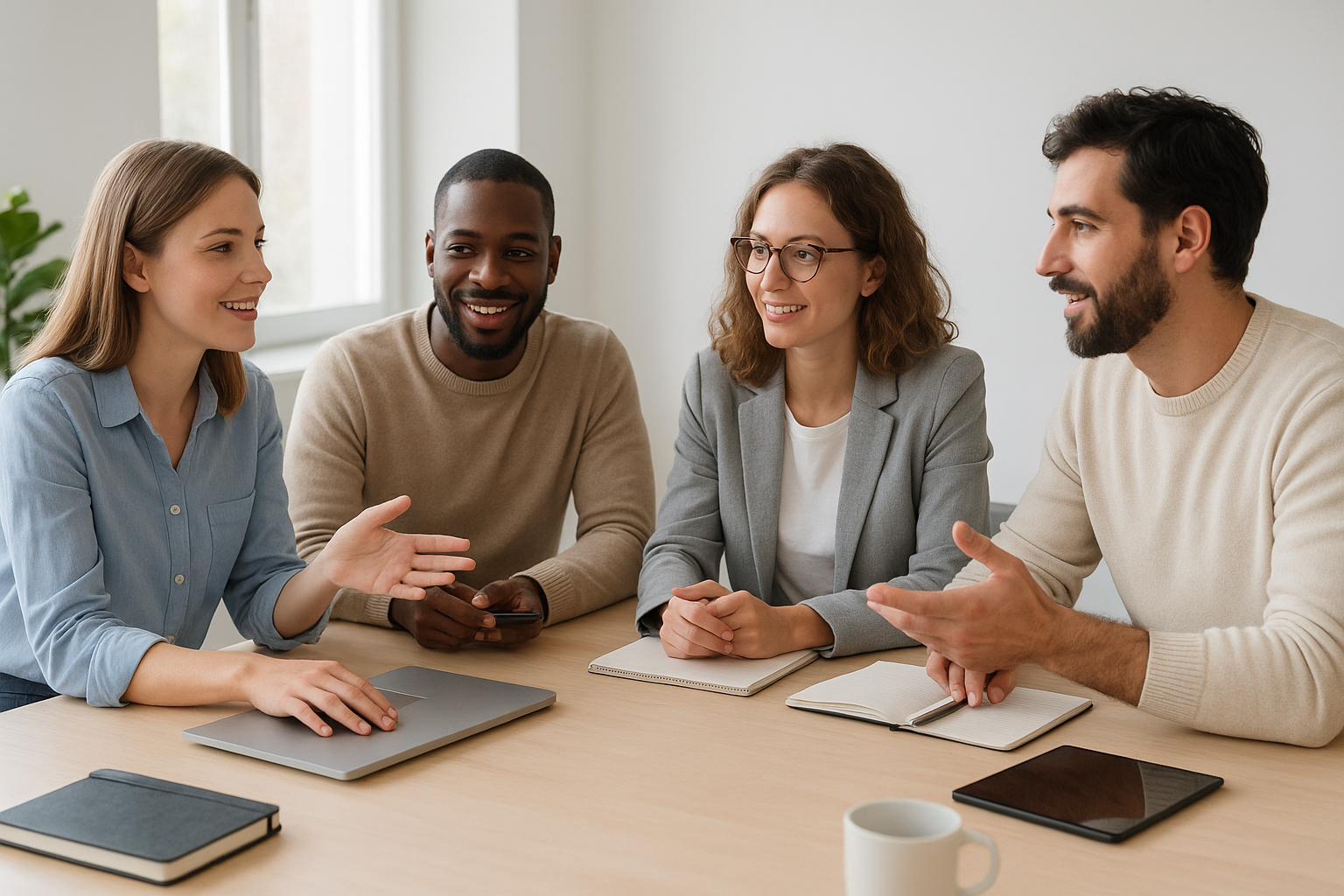 Modern business team collaborating on Instagram automation strategy in a bright, premium workspace, showing authentic interaction with laptops and