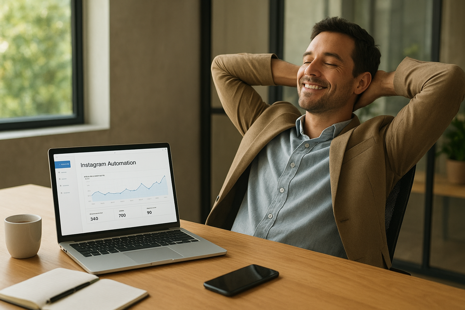 Business owner enjoying time saved thanks to Instagram automation, reviewing successful campaign results on a laptop in a calm, modern workspace