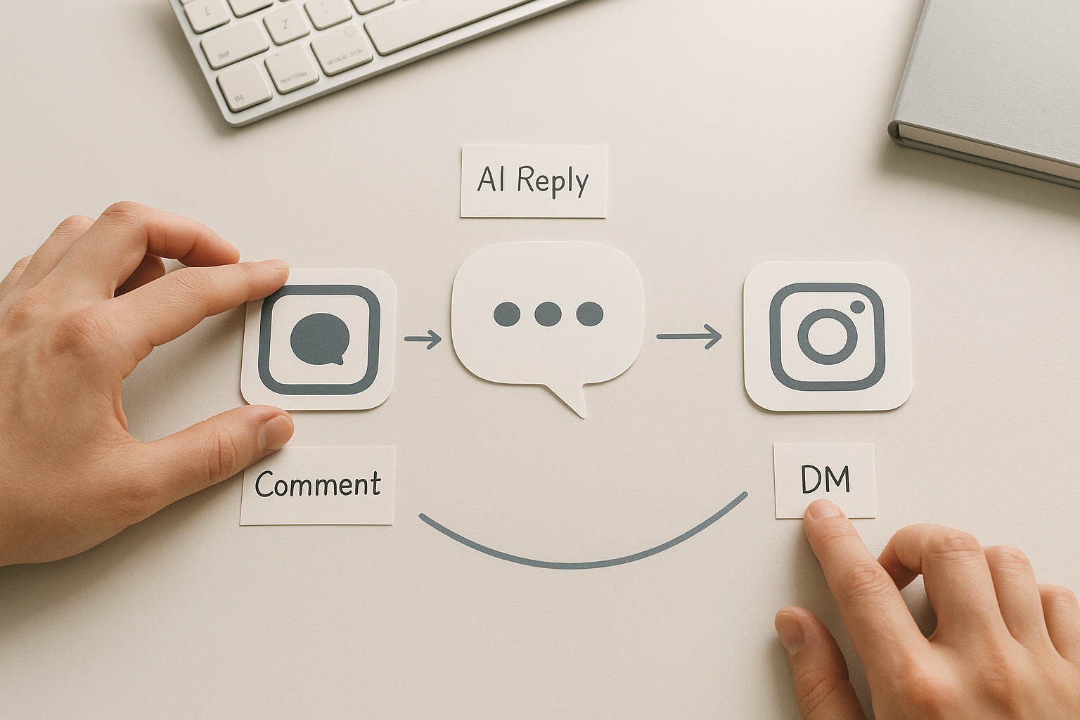Premium consulting-style infographic showing the Instagram follower engagement automation workflow from comment to AI reply to DM, in an authentic