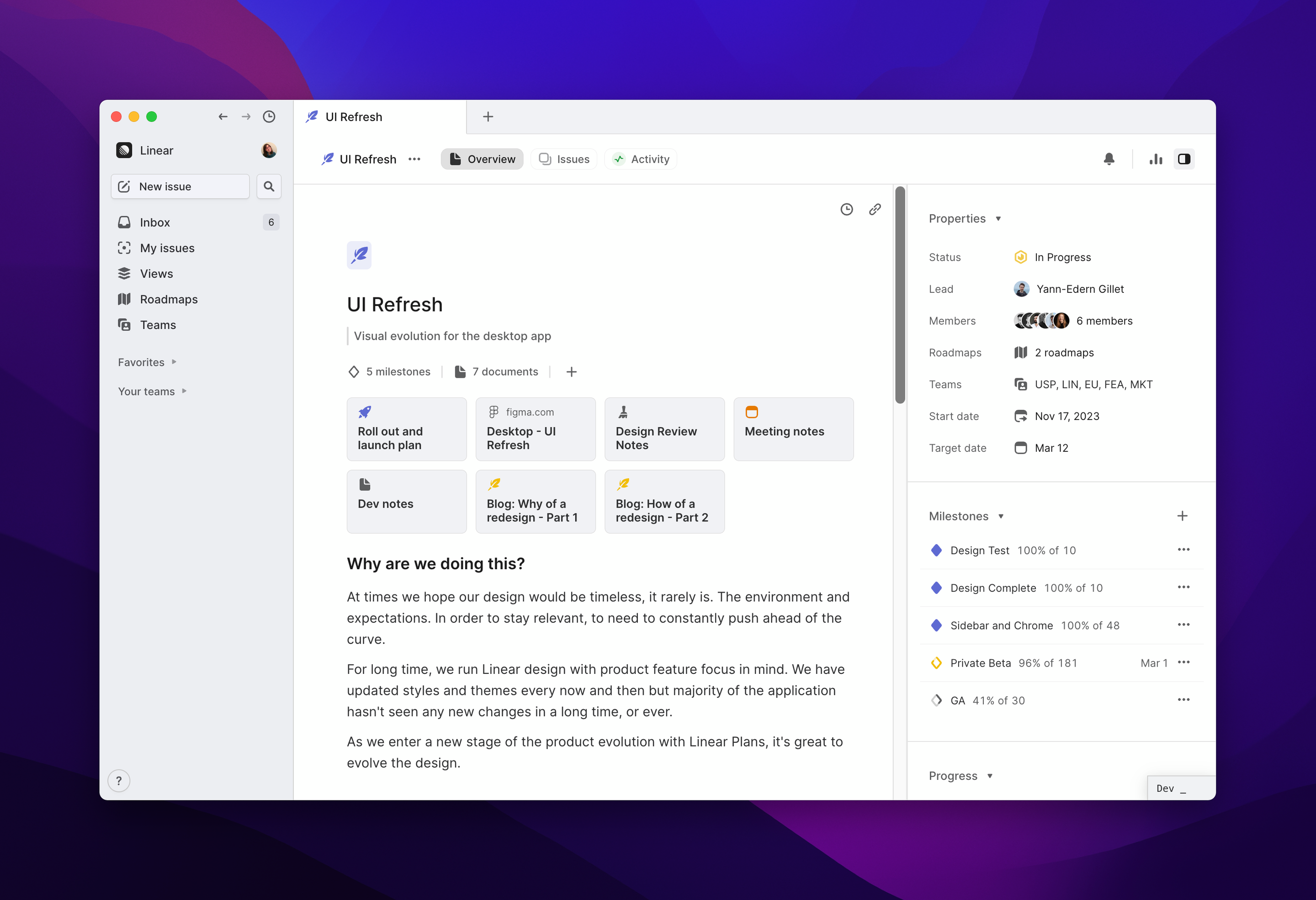 Overview page for the UI Refresh project