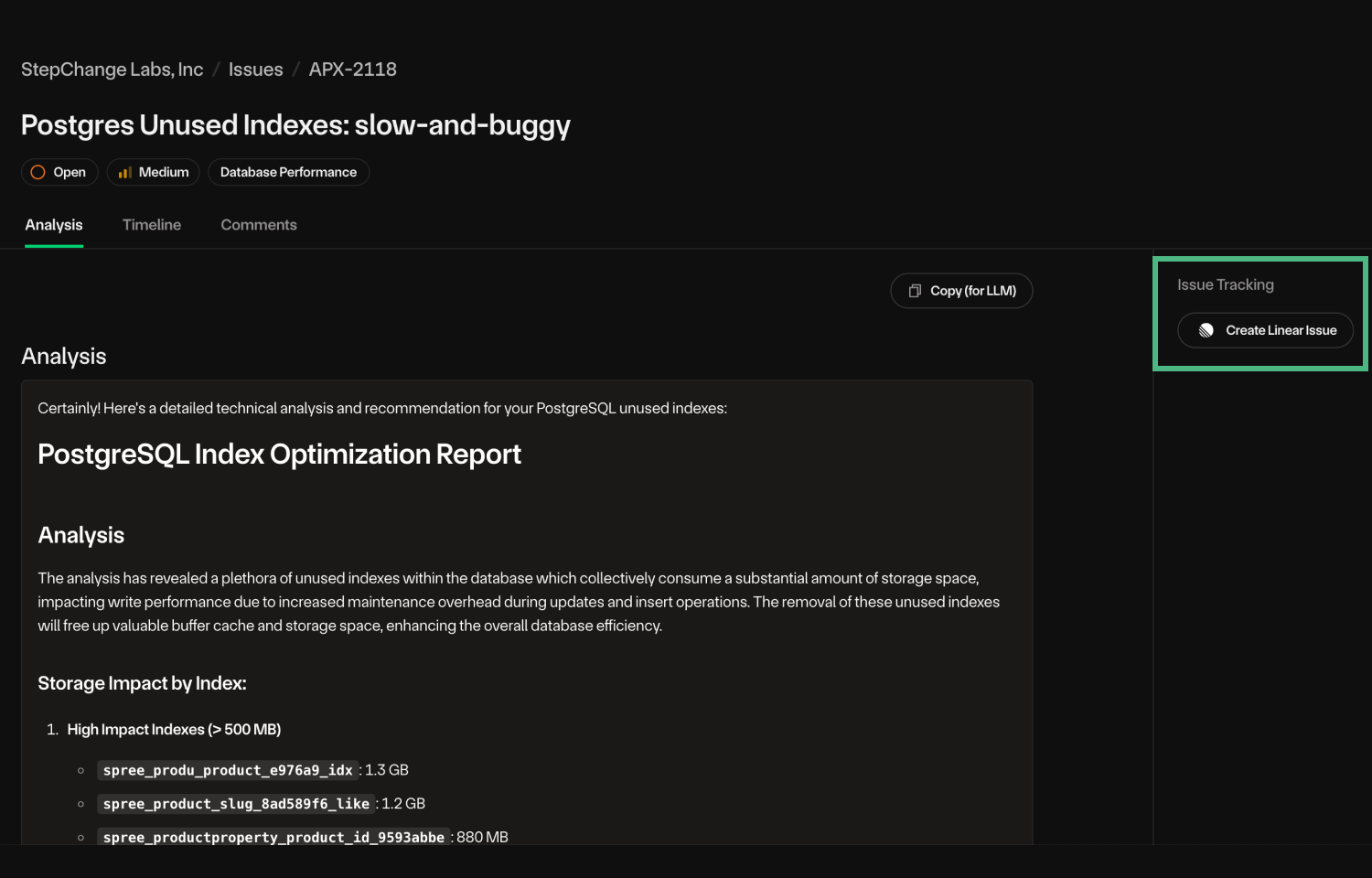 Click “Create Linear Issue” to automatically create a ticket with proposed fixes
