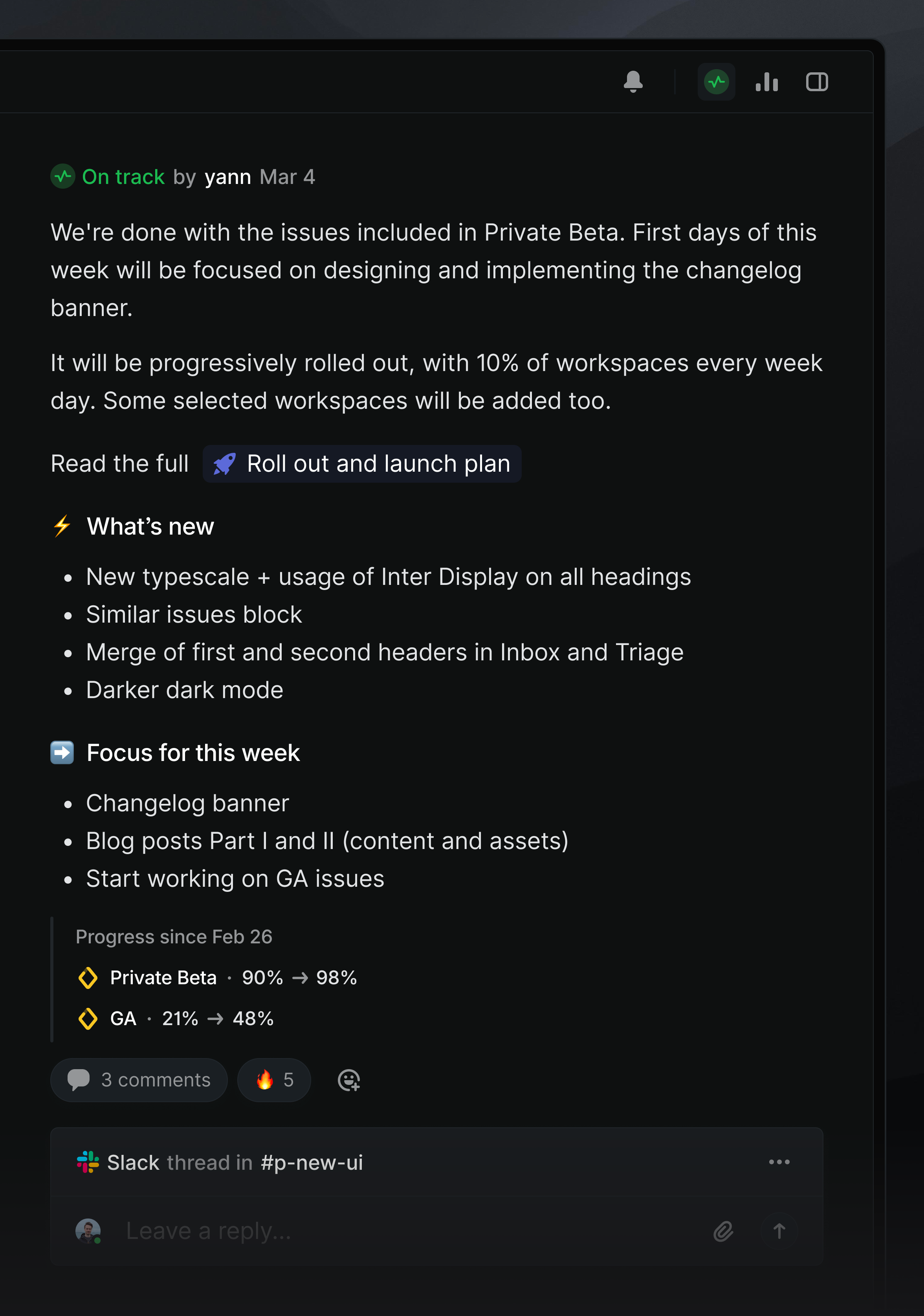 A project update sent after reaching the Private beta milestone