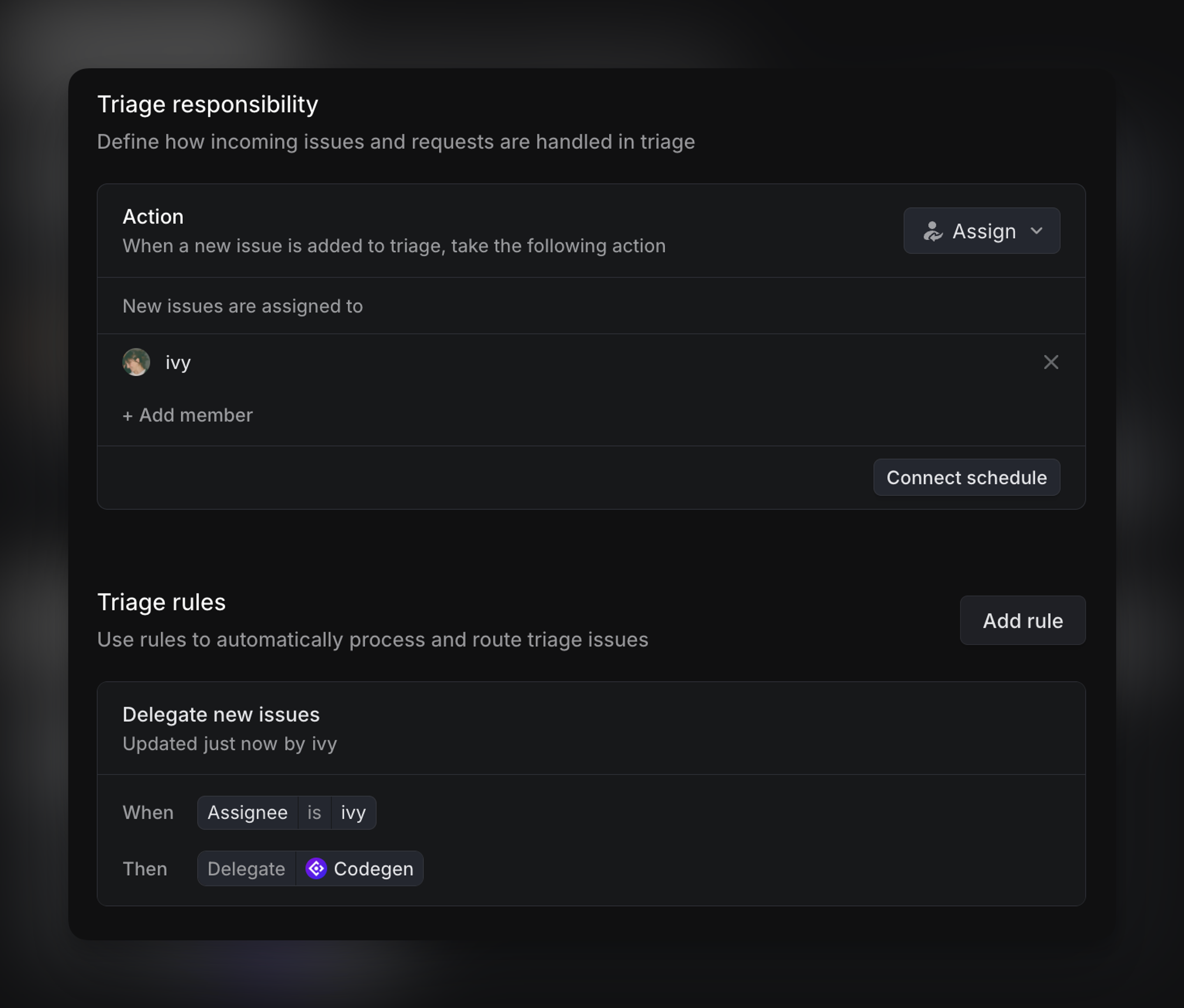 Linear’s triage settings showing automated assignment and delegation setup. 'Triage responsibility' assigns new issues in triage to a specified teammate. Below, a 'Triage rule' is configured to delegate issues to an agent when assigned to that teammate.