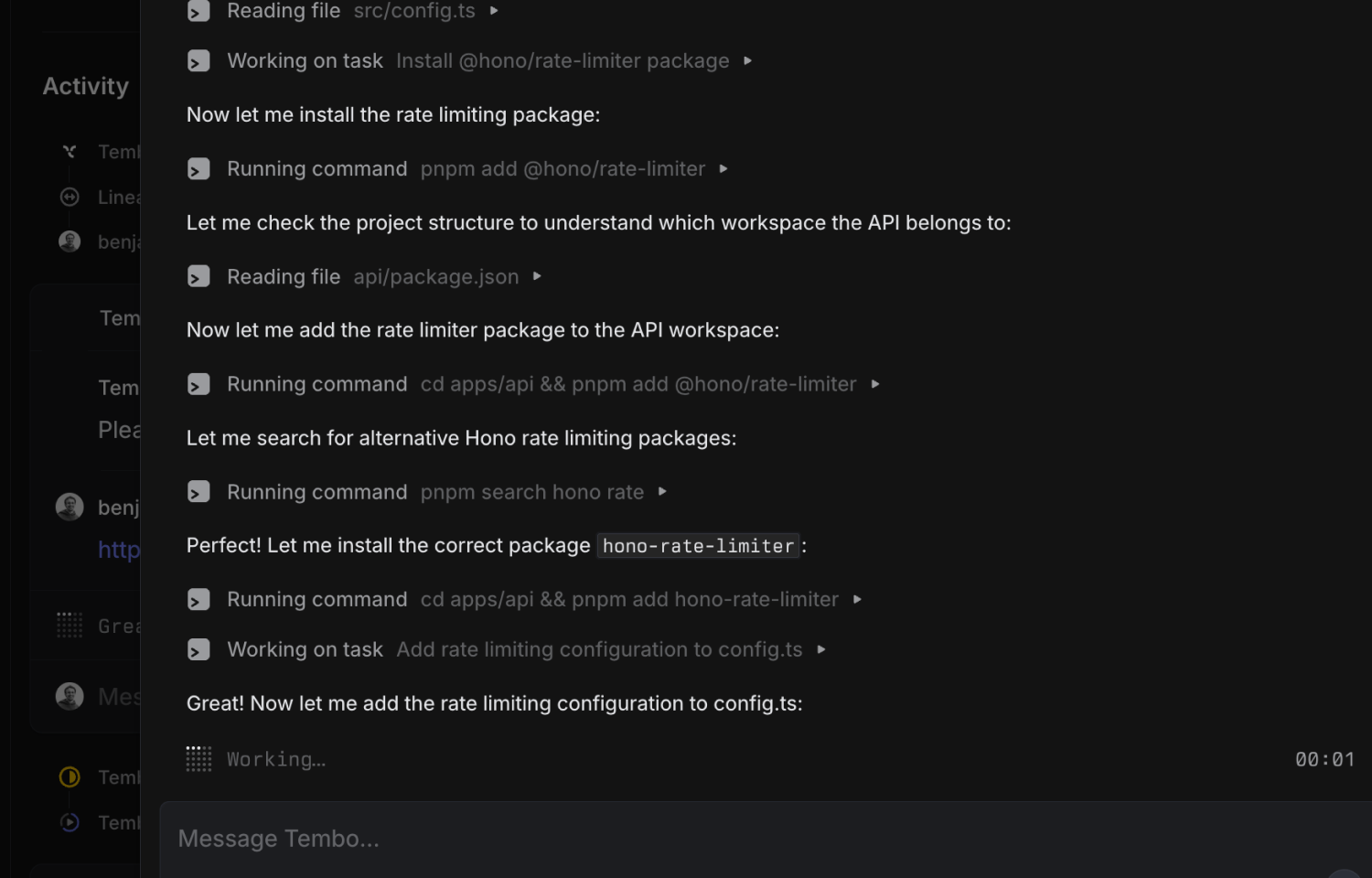 automations running in the Tembo agent session menu