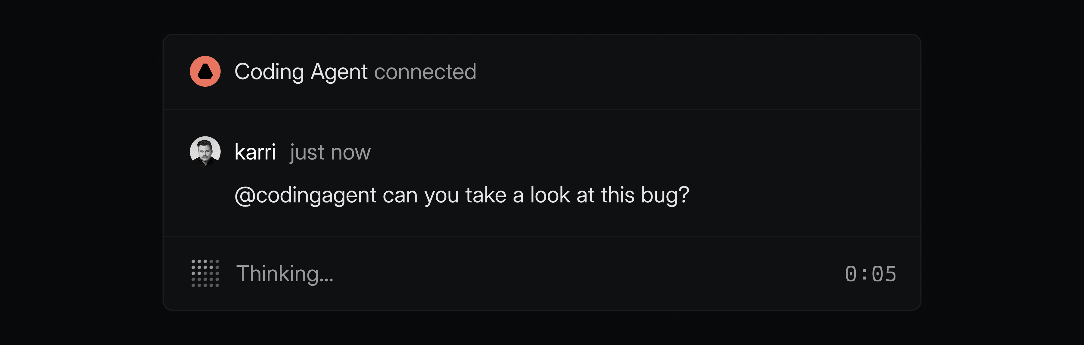 A comment thread where the coding agent was looped in to help with the issue and indicates the status of their work