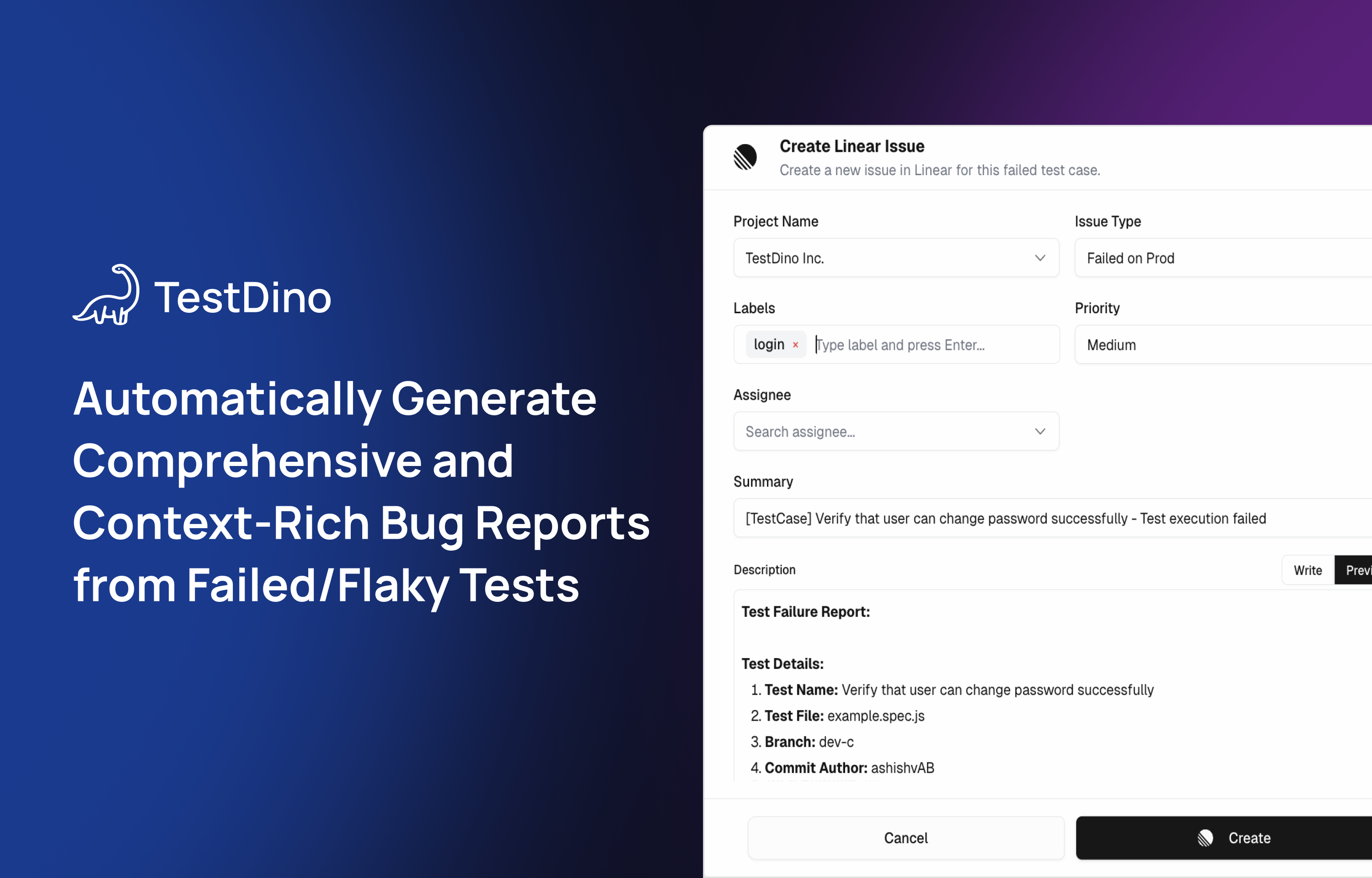 Generating bug reports from failed tests in TestDino