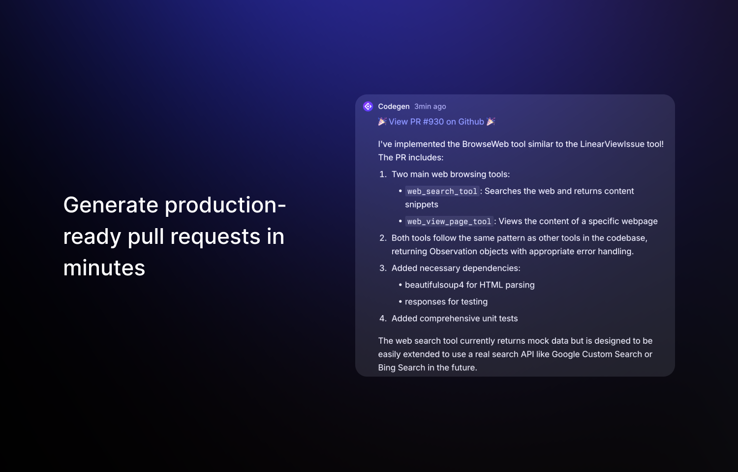 Codegen generating a pull request