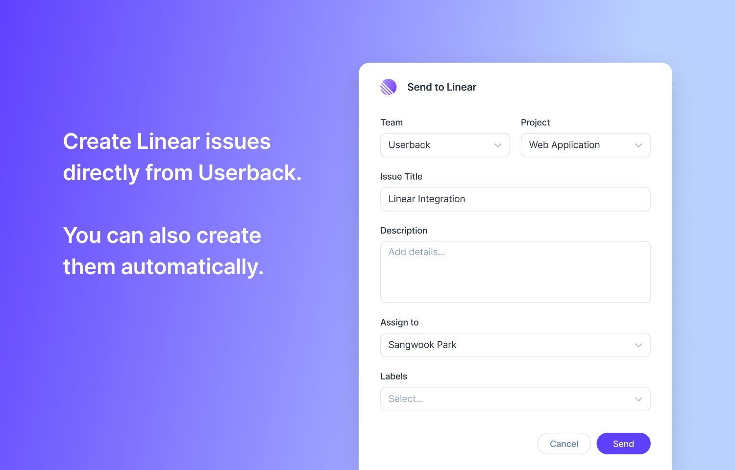Userback interface showing a submission modal to create Linear issues