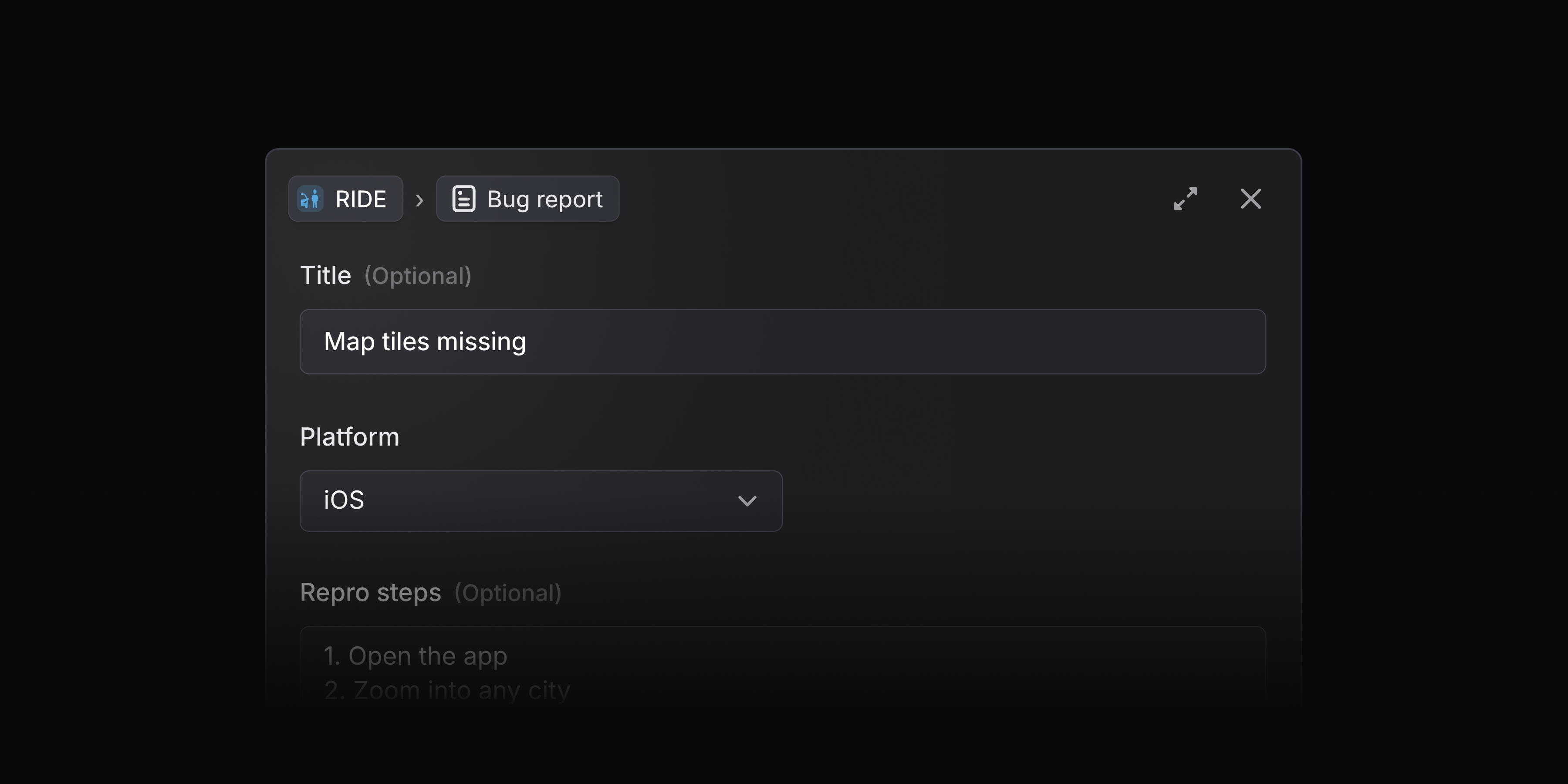 Bug report form template in Linear's issue composer with fields for title, platform, and repro steps