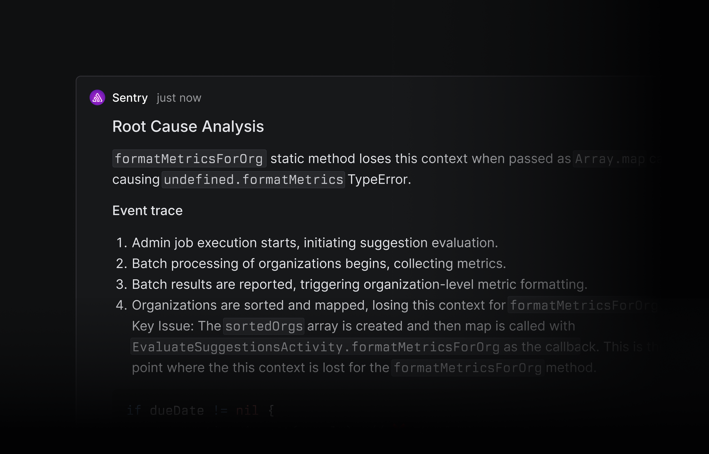 Sentry runs analysis and explains the root cause directly in the thread