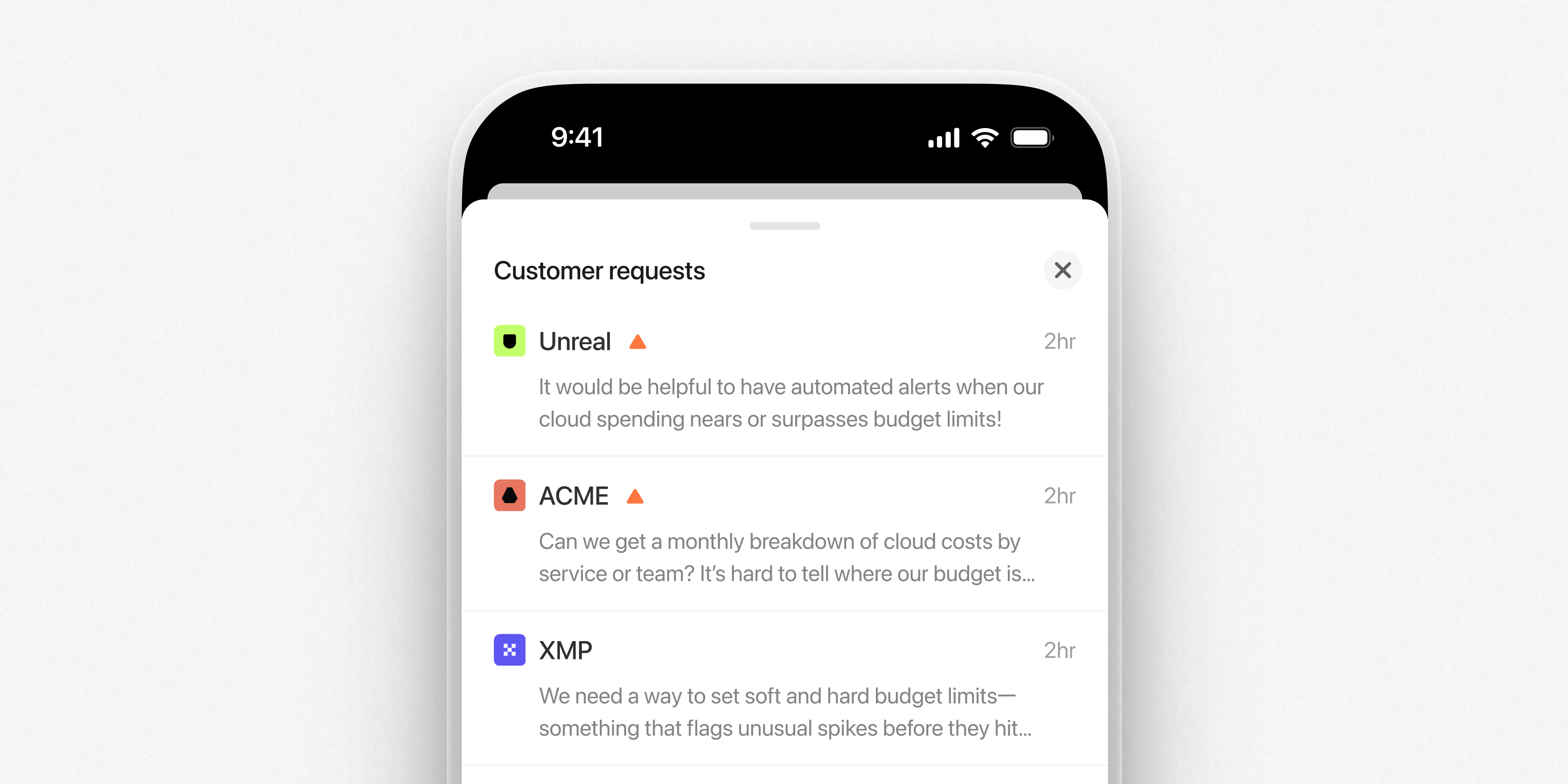 iOS app showing all customer requests from different companies