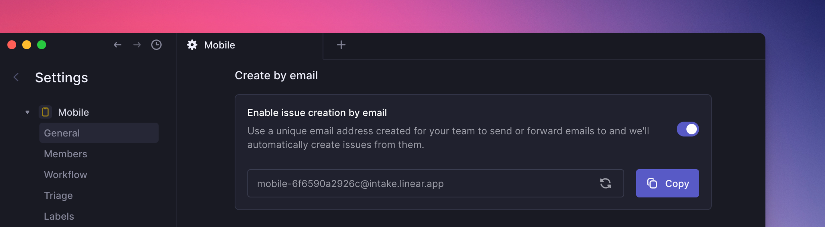 Screenshot shows Create by email setting for a team titled "Mobile"