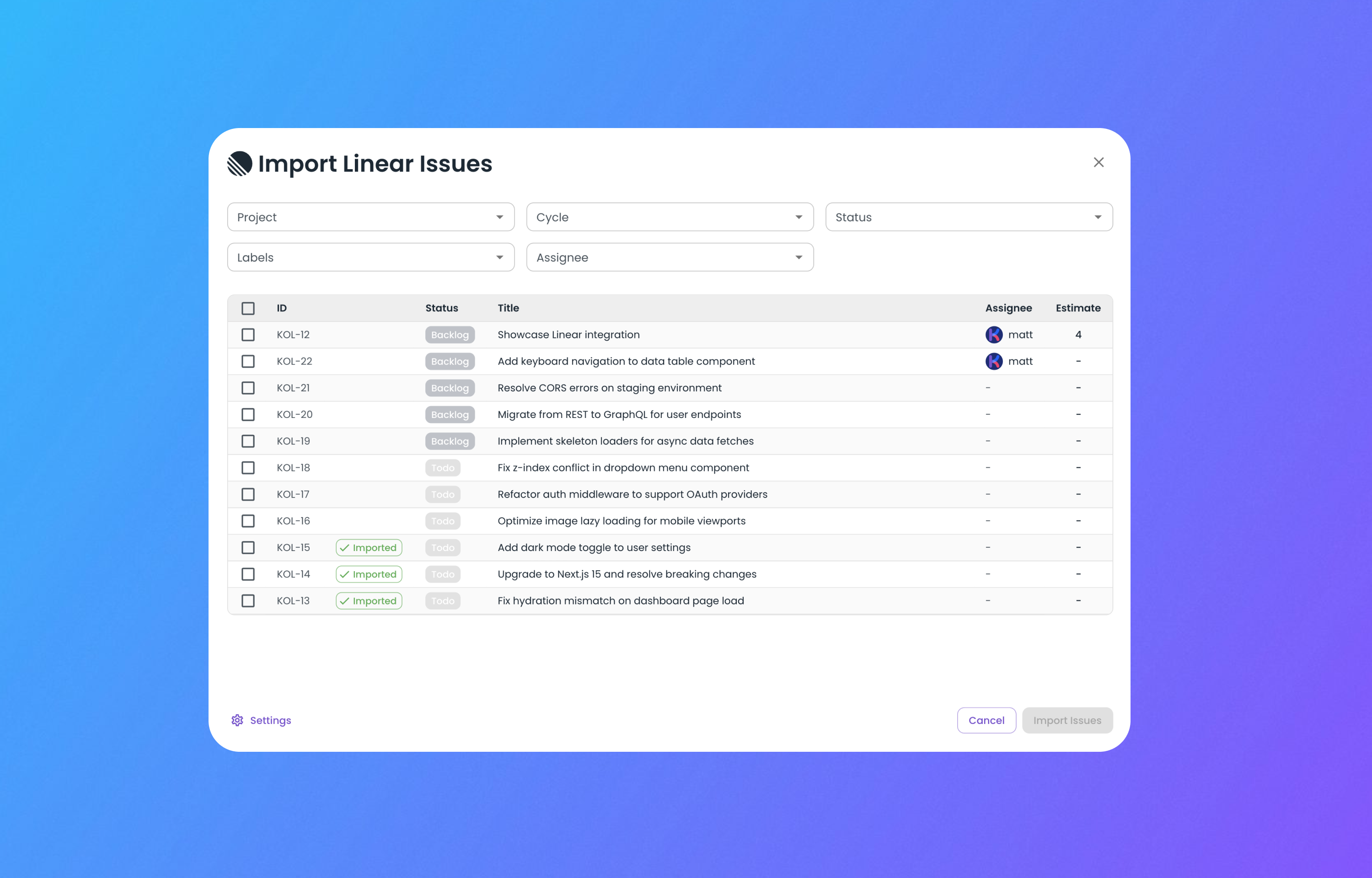 import Linear issues to kollabe