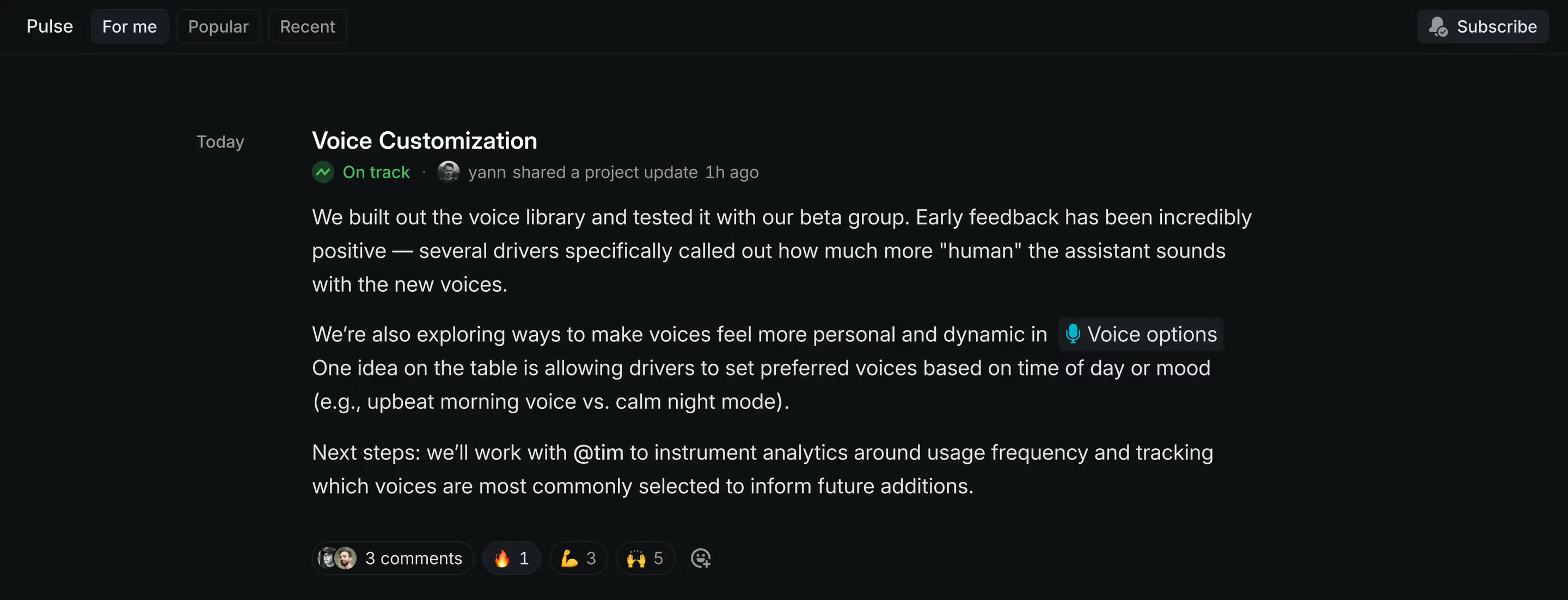 A project update in Pulse