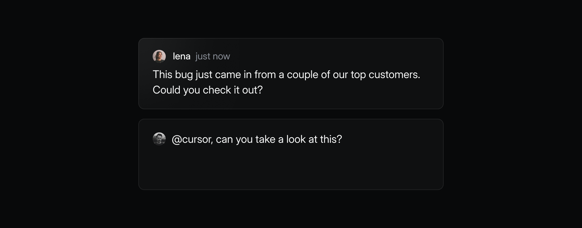 A screenshot of a comment thread in Linear, where a user tells @cursor to take a look at the issue