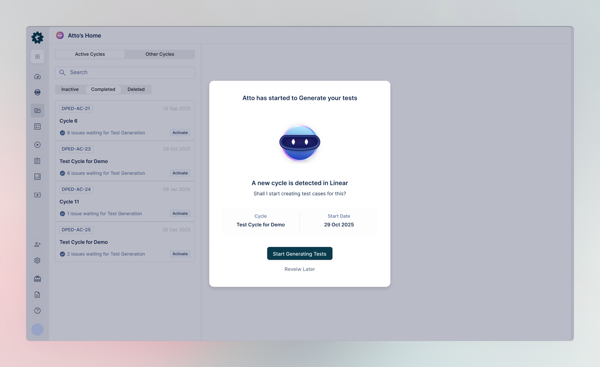 AI auto-detects a new Linear cycle and generates test cases for issues