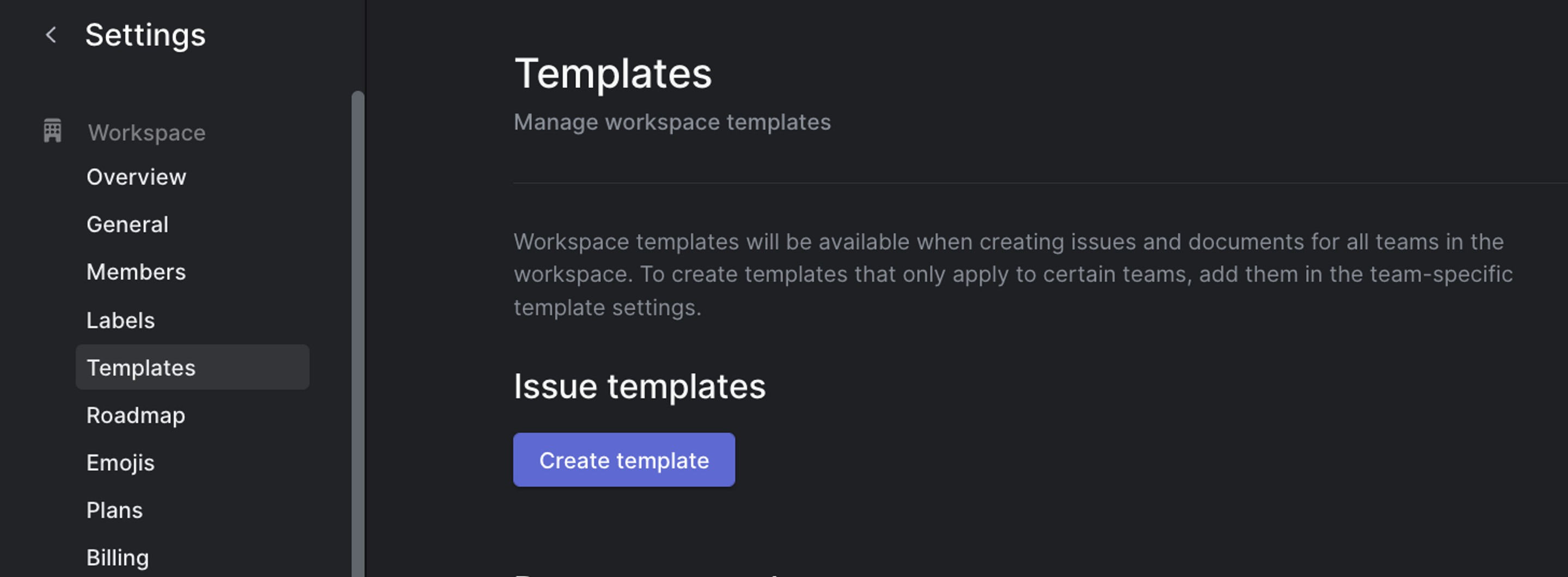 The settings page for Templates showing a button on how to create a template