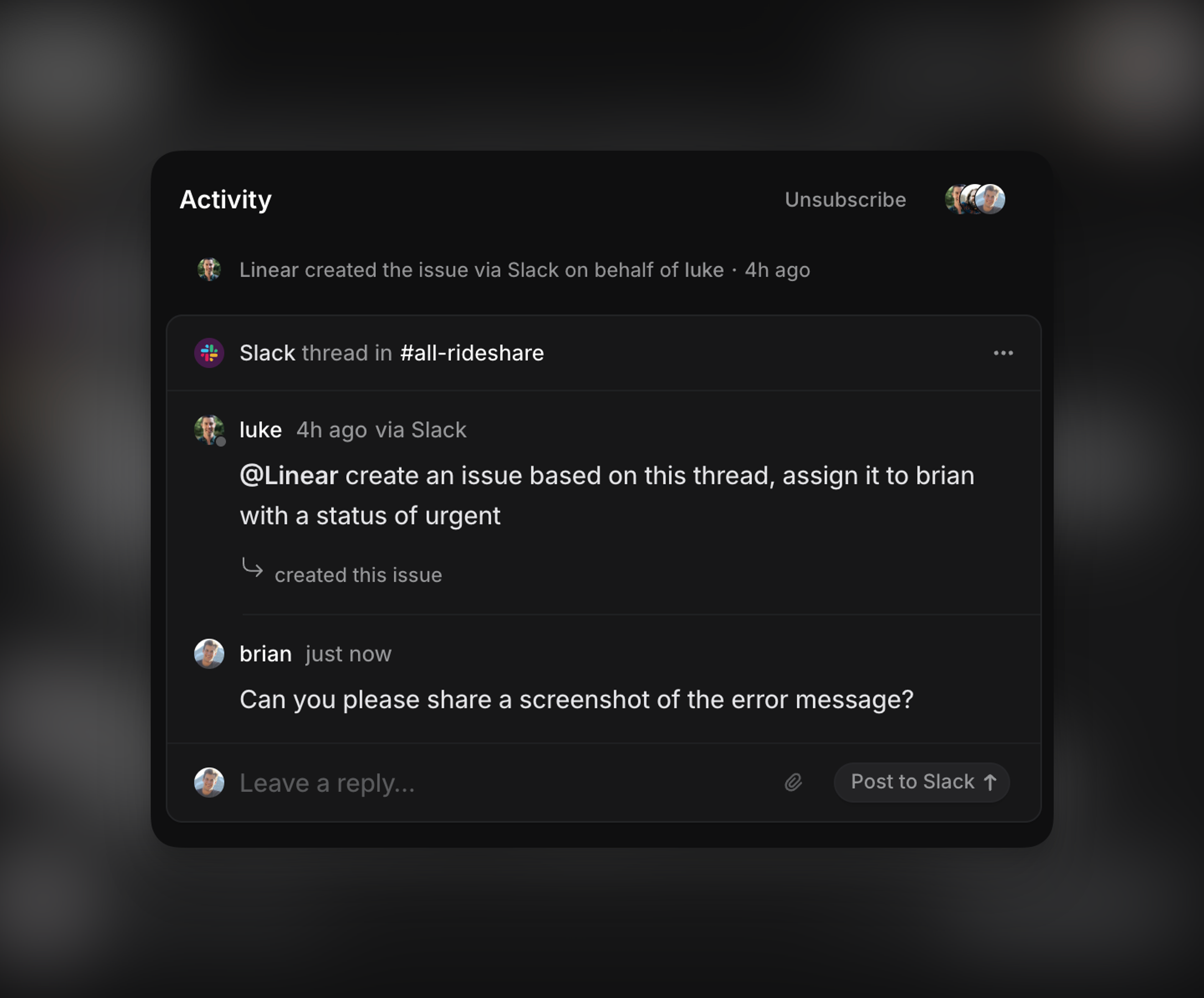 Image showing a synced thread in Linear that also posts to Slack