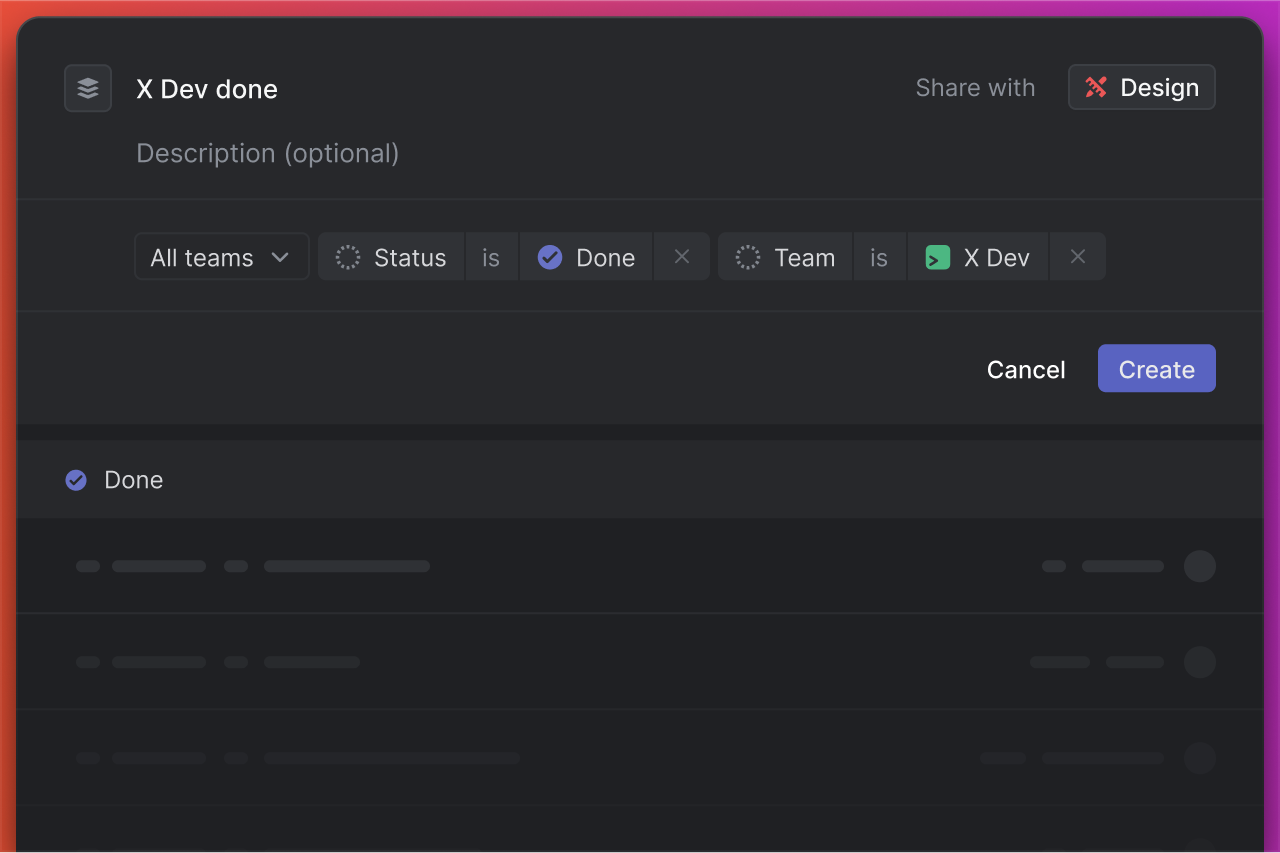 A custom view in Linear titled "X Dev done" that shows issues that are done from the X Dev team.
