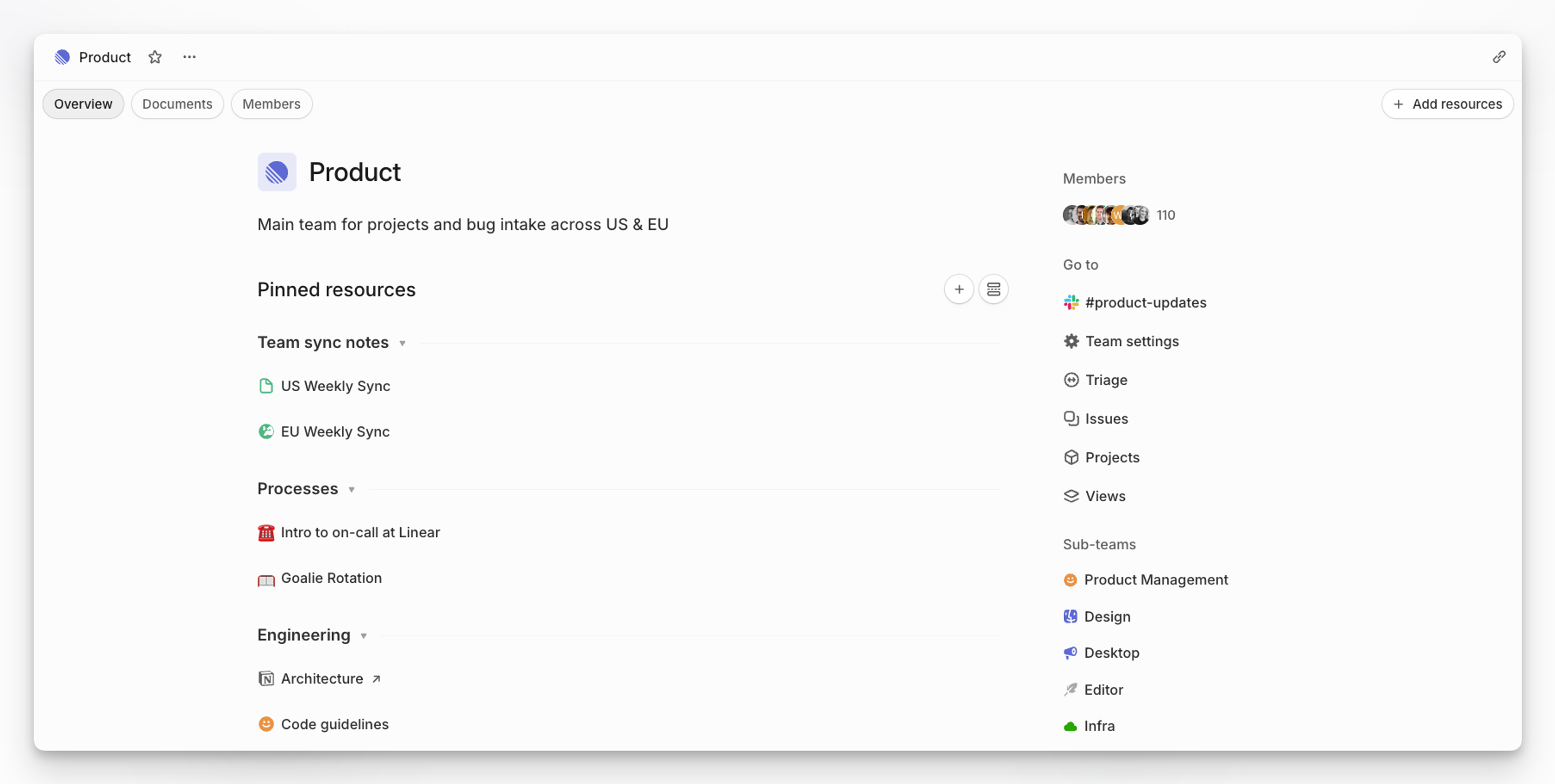 Team home landing view in Linear showing pinned resources and quick links