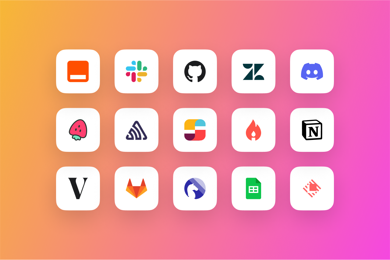 Grid of logos for products that Linear integrates with, including Slack, Zapier, GitHub, Notion, and Sentry.