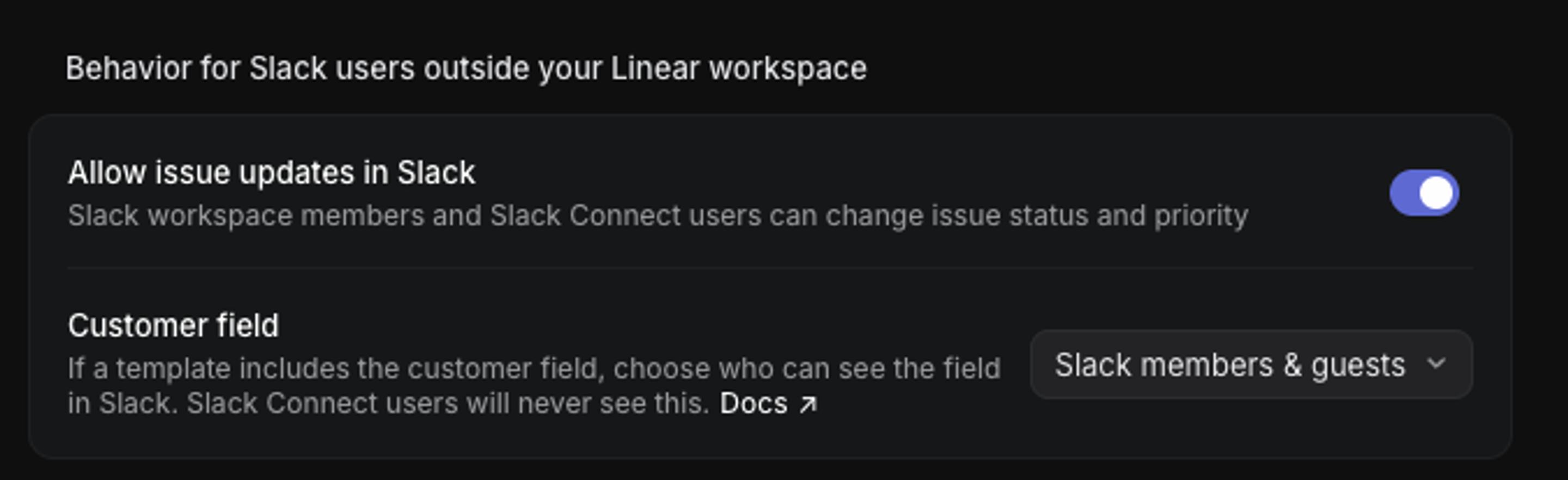 Behavior for Slack users outside your Linear workspace