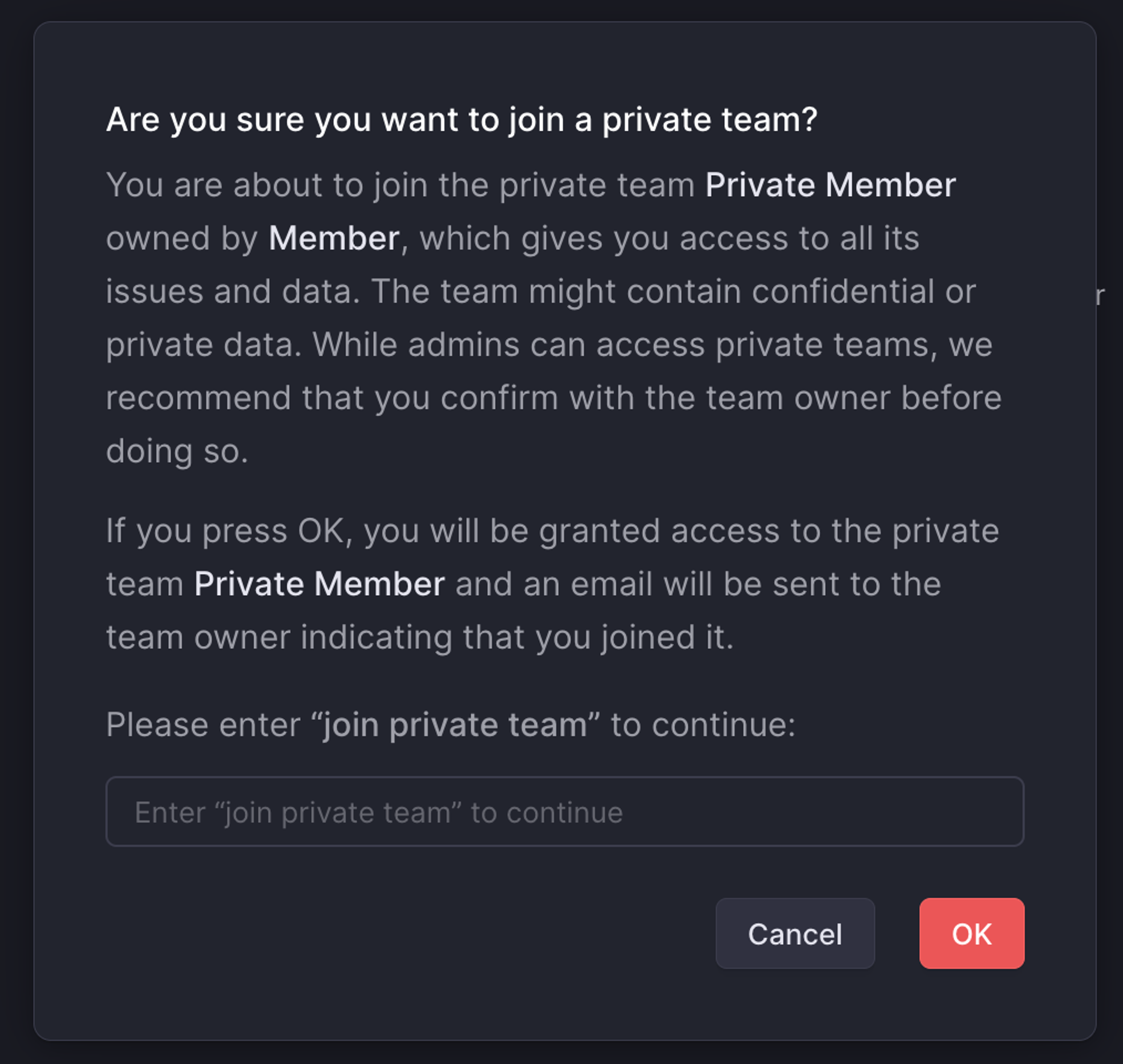 Pop-up when an admin attempts to join a private team