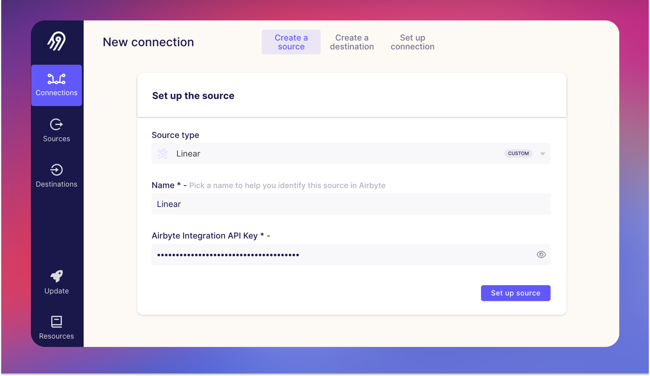Airbytes set up page for sources with Linear details