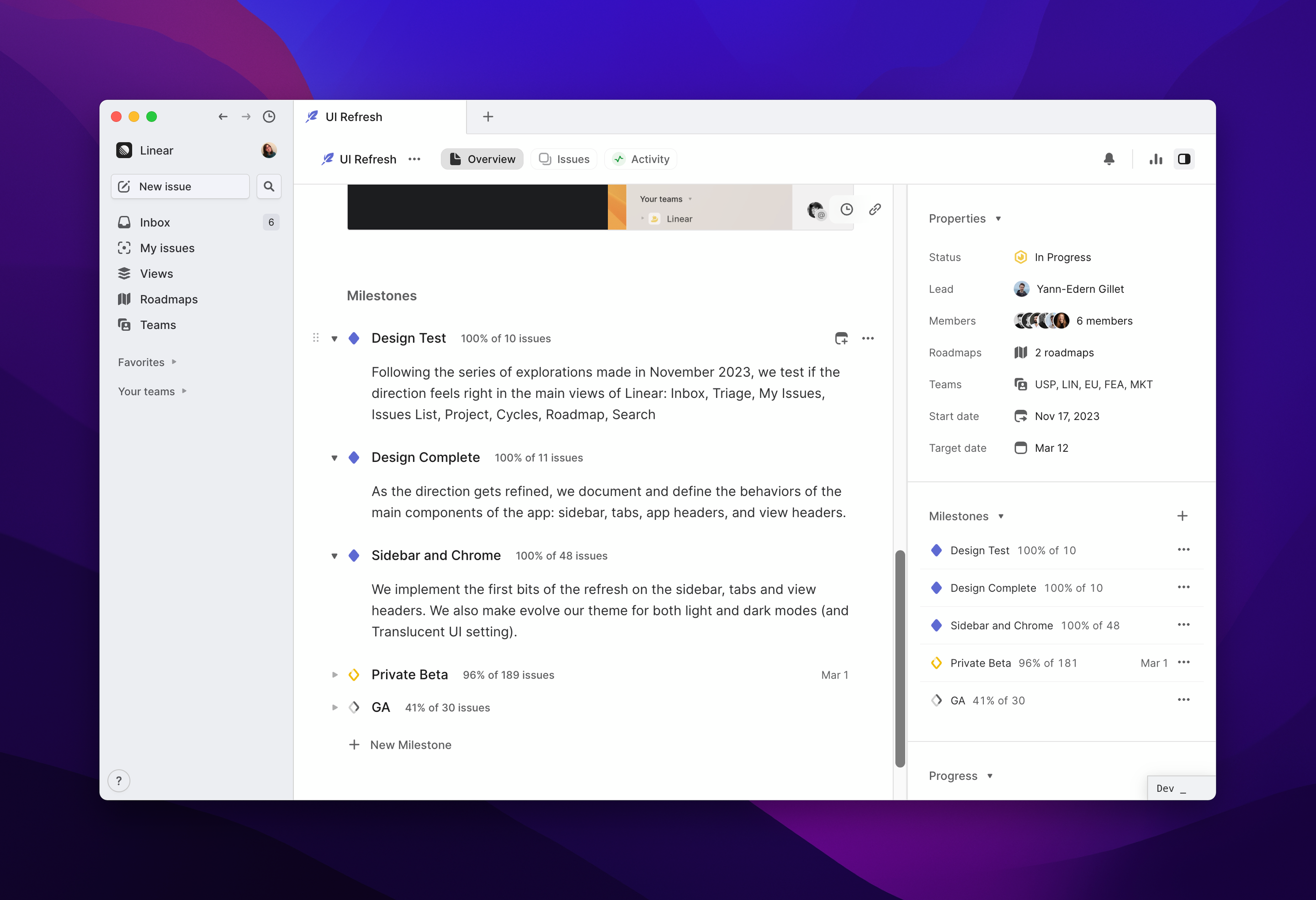 Project Overview page showing milestones with descriptions