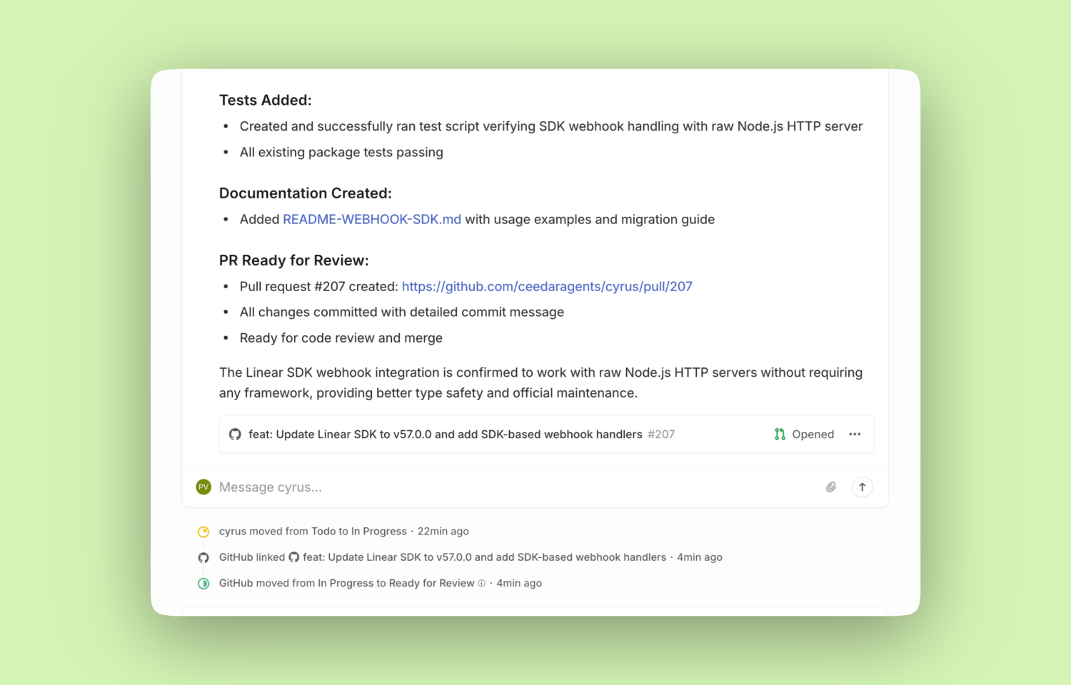 Cyrus updating an issue with completed work