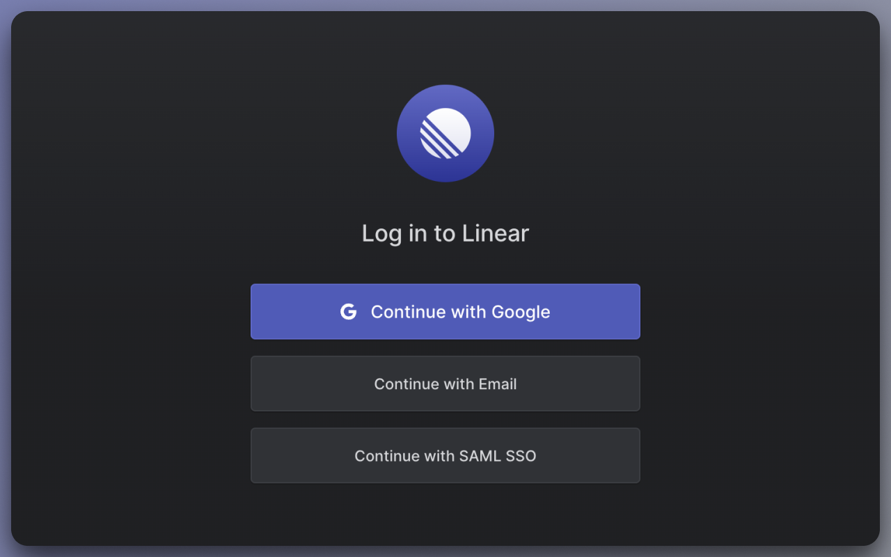 The Linear login screen, with buttons to authenticate with Google, Email, and SAML SSO.