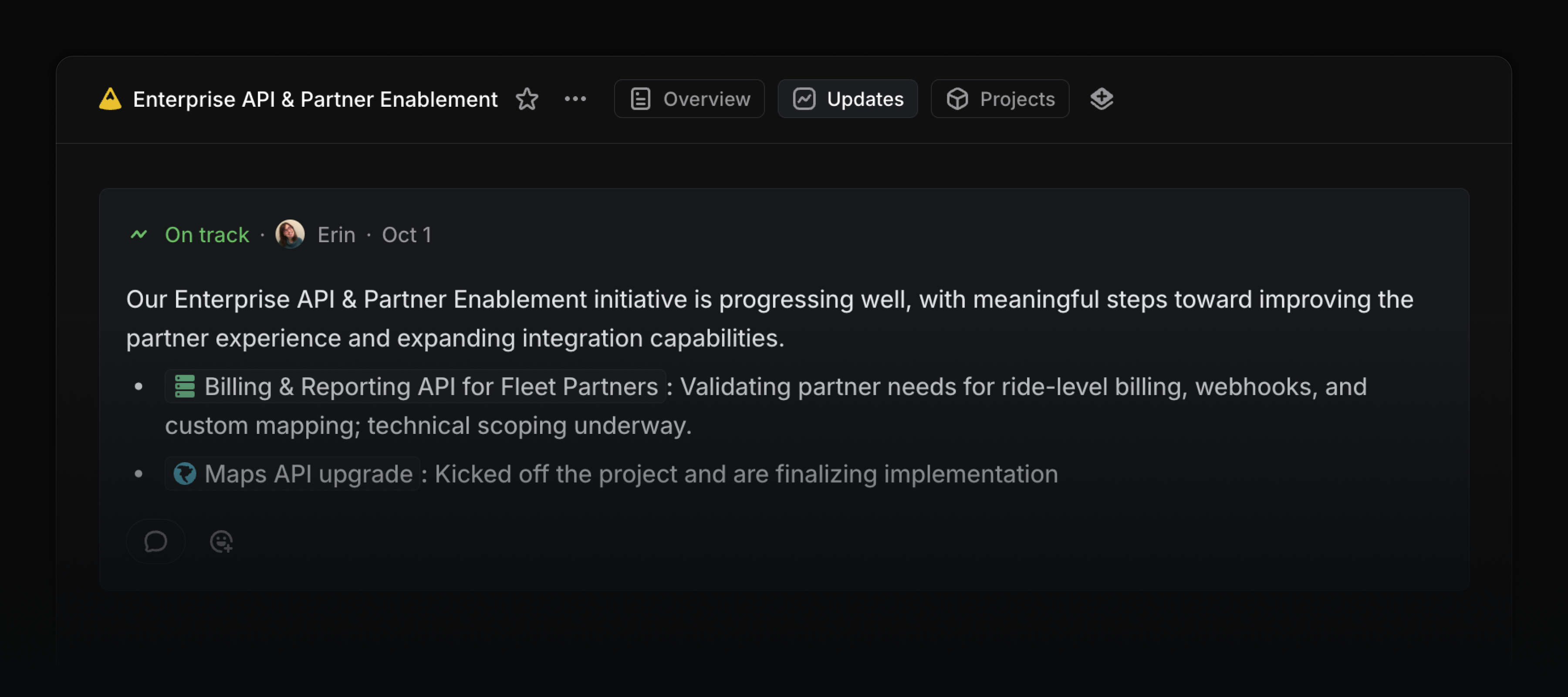 Updates tab on an initiative displaying the latest updates on the initiative.