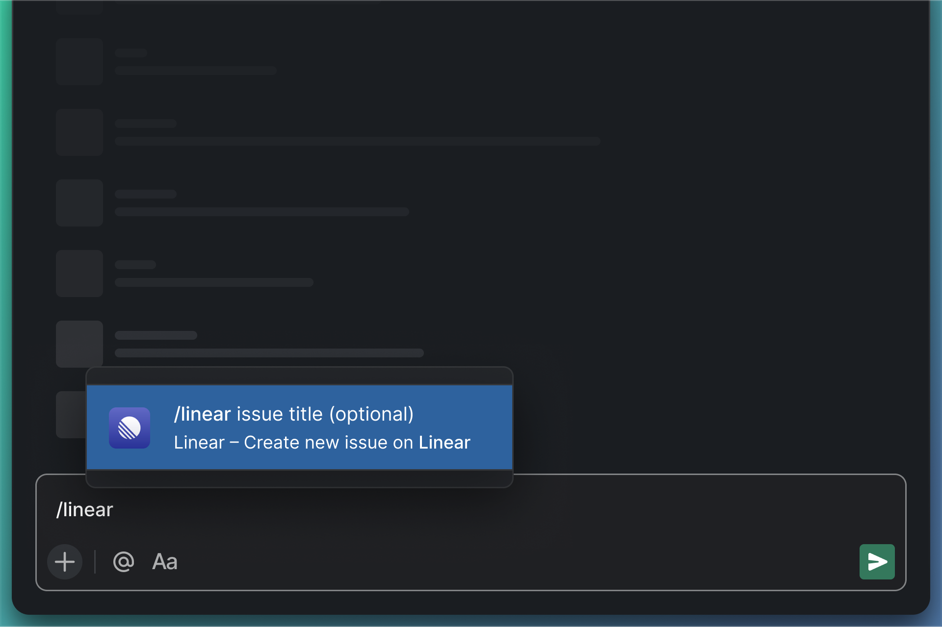 The Slack autocomplete popup that appears when typing `/linear`.